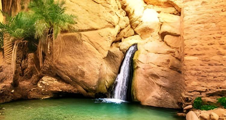Petite cascade coulant d'une paroi de canyon en grès dans un bassin vert et clair dans le désert.