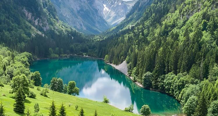 Ein kristallblauer Alpensee ruht in einem üppig grünen Tal, umgeben von steilen bewaldeten Hängen.