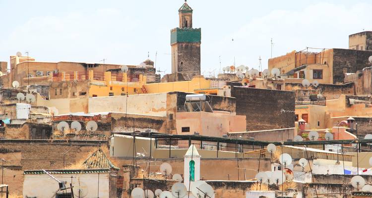 Horizon de Fès montrant des bâtiments en terre cuite parsemés d'antennes paraboliques et un minaret aux tuiles vertes.