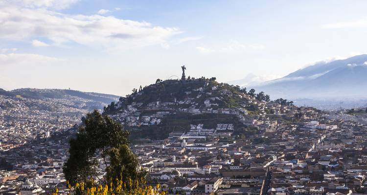La colina del Panecillo de Quito coronada por la estatua de la Virgen contemplando la extensa ciudad bajo la suave luz matutina.