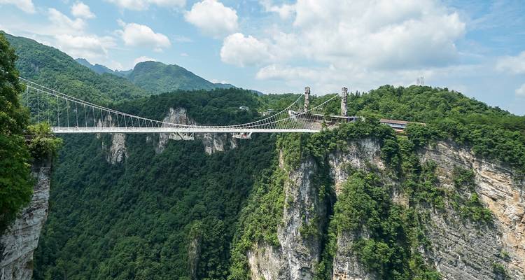 Long glass suspension bridge spans a deep green canyon amid lush forested mountains under scattered clouds.