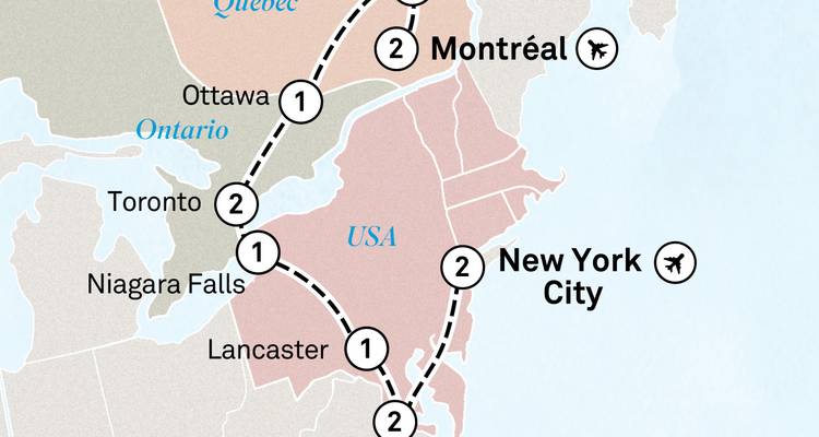 Reisroutekaart met Toronto, Niagara Falls, Montreal en New York City gemarkeerd inclusief reissegmenten.
