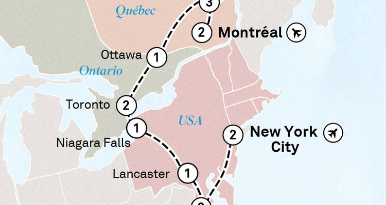 Simplified map showing a travel loop between major Canadian and US cities