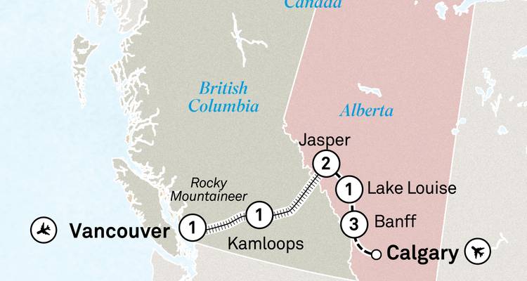Carte simplifiée représentant le voyage en train de Vancouver à Calgary via Kamloops et Jasper.