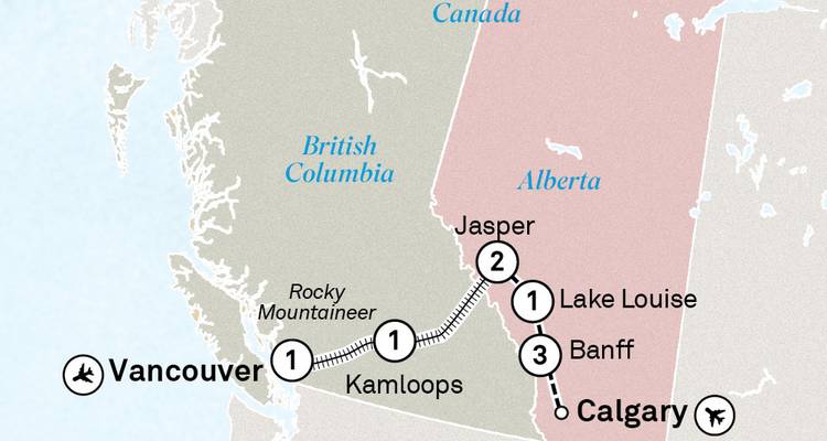 Mapa que muestra la ruta ferroviaria de Vancouver a Calgary con paradas clave en las Montañas Rocosas