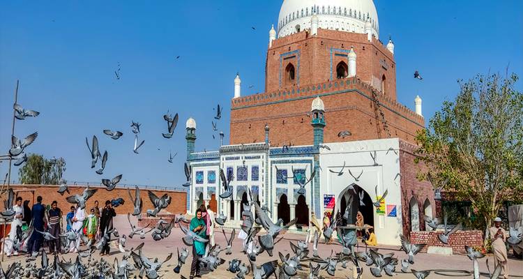Backstein-Sufi-Schrein mit einer weißen Kuppel, umgeben von fliegenden Tauben und Besuchern im Innenhof.