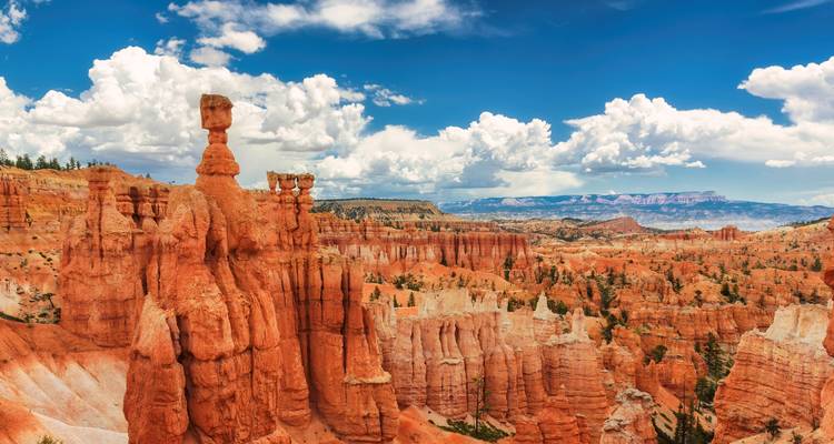 Ikonische rote Felstürme und Amphitheater des Bryce Canyon unter dramatischen Wolken und strahlend blauem Himmel.