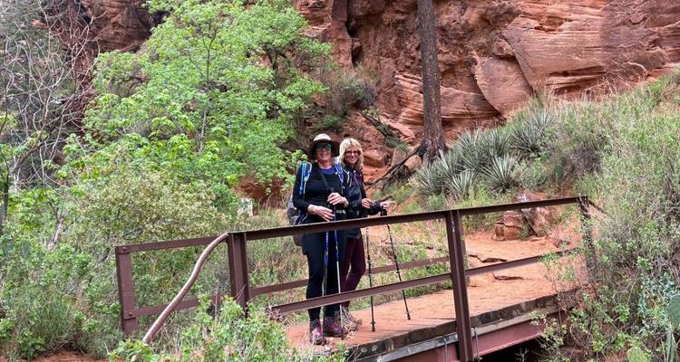 Zwei Wanderer mit Stöcken stehen auf einer kleinen Holzbrücke in einer üppigen Schlucht, umgeben von roten Felswänden und Grün.