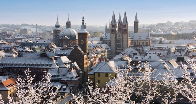 Panorama hivernal des toits de Würzburg saupoudrés de neige et des clochers d'églises sous la lumière vive du matin