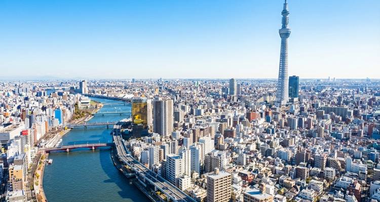 Brede stadsgezicht van Tokyo met de Sumida-rivier die kronkelt onder de torenhoge Tokyo Skytree op een heldere dag.