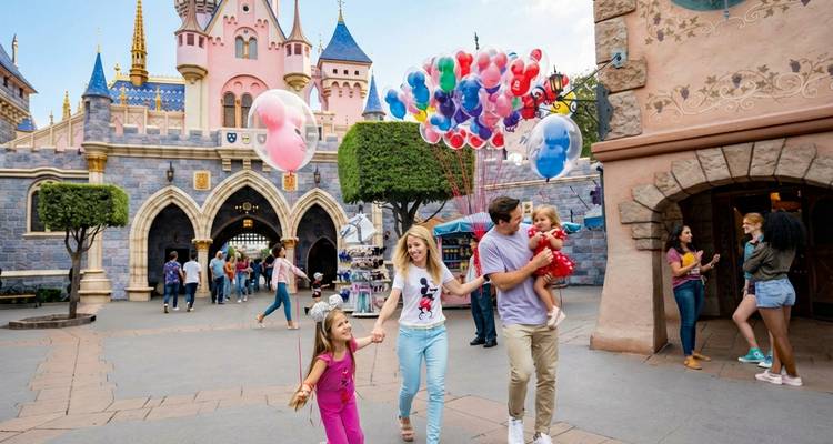 Jong gezin geniet van kleurrijke ballonnen voor de ingang van een sprookjeskasteel in Tokyo Disneyland.