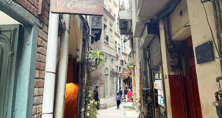 Callejón estrecho de ladrillo bordeado de cafeterías eclécticas y letreros en el barrio antiguo de Lahore.