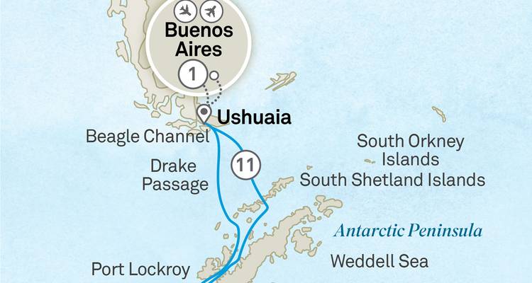 Carte d'itinéraire illustrée montrant Buenos Aires, Ushuaïa et le parcours de croisière vers la Péninsule Antarctique.