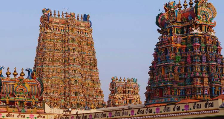 Kleurrijke torenhoge gopurams van de Meenakshi Tempel versierd met gedetailleerde godheden onder een heldere hemel.