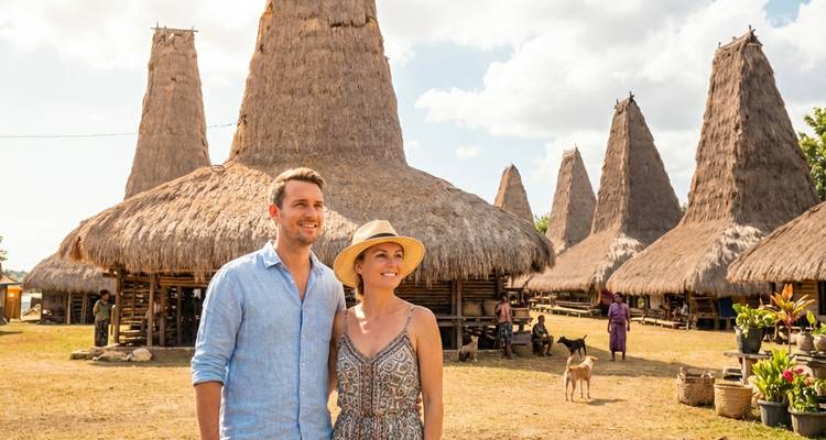 Un couple se tient devant des maisons traditionnelles sumbaises à toit élevé dans un village rural avec des animaux et des habitants locaux en arrière-plan.