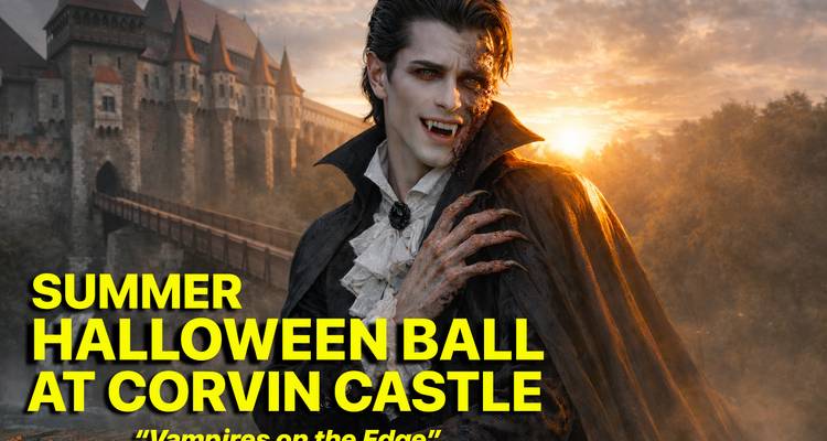 Image promotionnelle d'un personnage vampire devant le château de Corvin avec un texte d'événement en jaune vif.