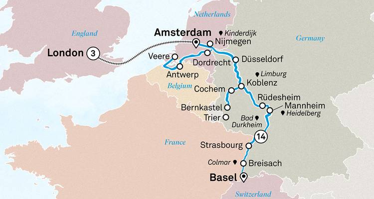 Mapa de crucero que une Londres, Ámsterdam y Basilea a través del Rin