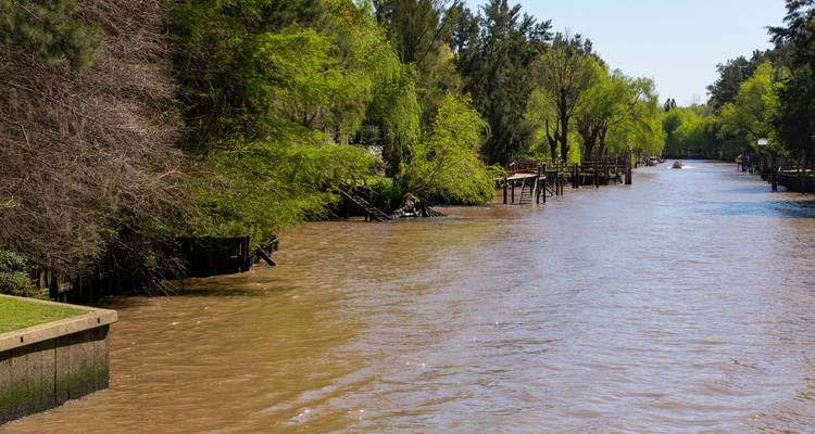 Breiter Flusslauf gesäumt von üppig grünen Bäumen und kleinen privaten Stegen an einem hellen Tag.