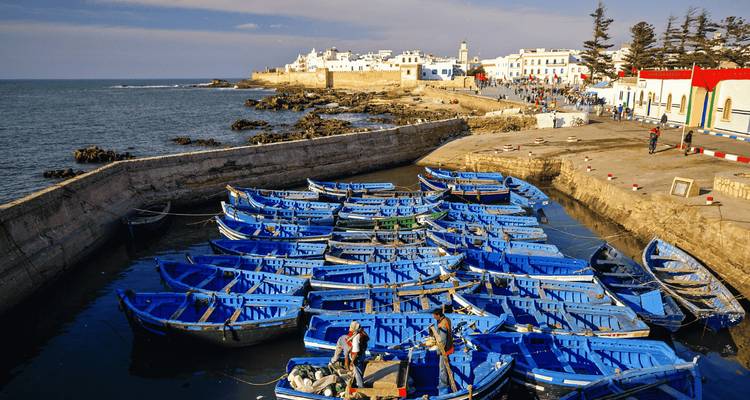 Port rempli de bateaux de pêche en bois bleu vif le long de la côte atlantique avec des bâtiments blancs.
