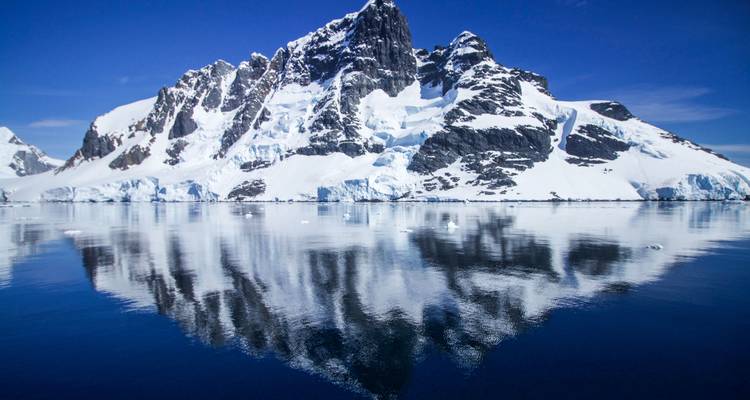 Jagged snow-covered peaks mirror perfectly in glass-smooth Antarctic waters beneath a clear deep-blue sky.