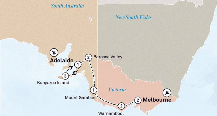 Carte de l'itinéraire touristique de l'Australie-Méridionale et du Victoria mettant en évidence Adélaïde, Melbourne et l'île Kangourou.