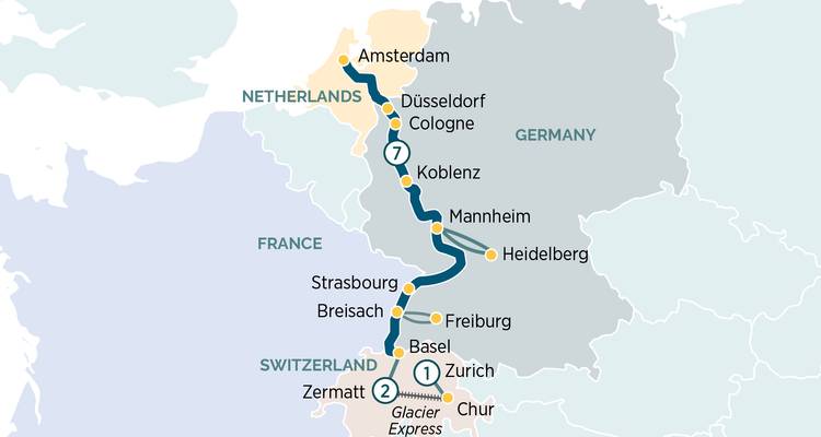 Carte montrant la croisière fluviale d'Amsterdam à Zurich via Coblence, Heidelberg et Strasbourg