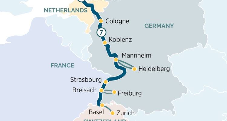 Segment de carte de croisière sur le Rhin d'Amsterdam à Zurich se concentrant sur la section centrale.