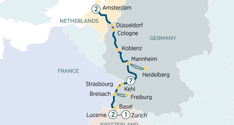 Carte du fleuve Rhin d'Amsterdam à Zurich avec arrêts à Cologne, Strasbourg et Bâle.