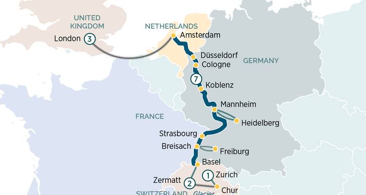 Carte croisière-rail de Londres aux Alpes suisses via Amsterdam, vallée du Rhin et Zermatt.