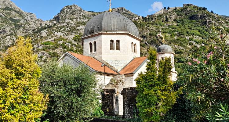 Historic domed church framed by bushes and rugged mountains on a bright day.