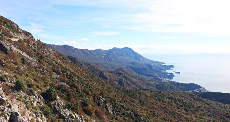 Wide coastal mountain landscape overlooking the Adriatic Sea with rolling, forested slopes descending to the water.