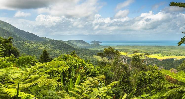Vista panorámica sobre exuberante selva tropical hacia una costa distante y mar azul bajo un cielo parcialmente nublado.