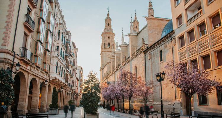 Elegante Steinpromenade in Logroño, gesäumt von blühenden Kirschbäumen und barocken Kirchtürmen in der Abenddämmerung