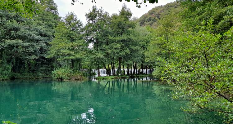 Lac turquoise serein entouré d'une végétation luxuriante et d'une petite cascade qui dévale.