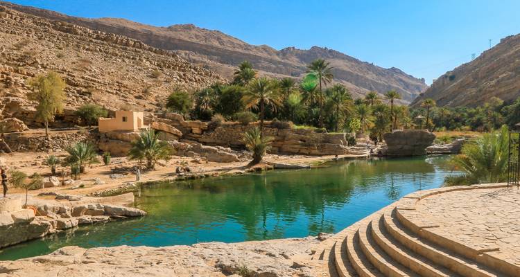Clear turquoise pool surrounded by palm trees and rocky desert hills in a tranquil oasis.