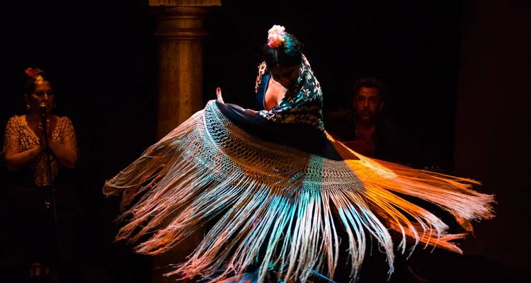 Danseuse de flamenco dramatique faisant tournoyer un châle à franges vives sur une scène faiblement éclairée.