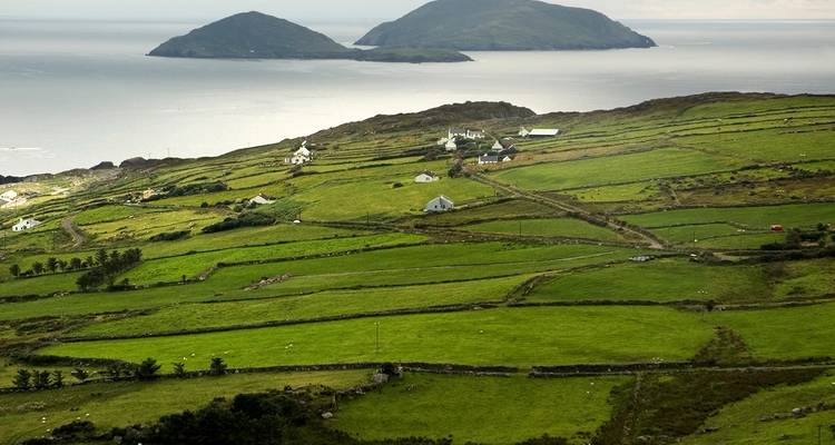 Patchwork green fields cascading to a calm sea with two small offshore islands in the distance