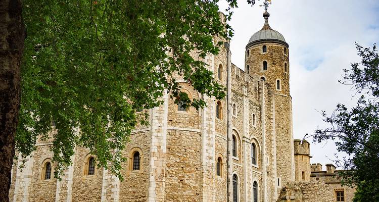 La tour blanche médiévale de la Tour de Londres se dresse derrière des arbres verts feuillus