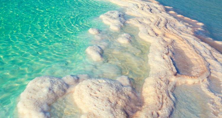 Eau turquoise vive de la mer Morte avec des formations de sel blanc uniques bordant le rivage.
