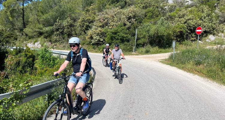 Trois cyclistes portant des casques roulent à vélo électrique le long d'une route pavée rurale bordée de végétation verte.