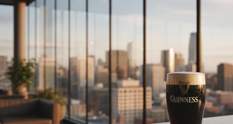 Pinte mousseuse de Guinness devant des baies vitrées panoramiques donnant sur Dublin alors que la lumière du soir rayonne