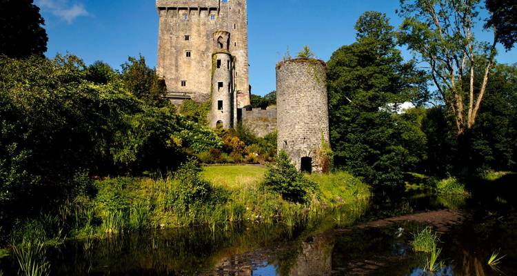 El Castillo de Blarney medieval se alza sobre exuberantes árboles y un arroyo reflectante en un día brillante.