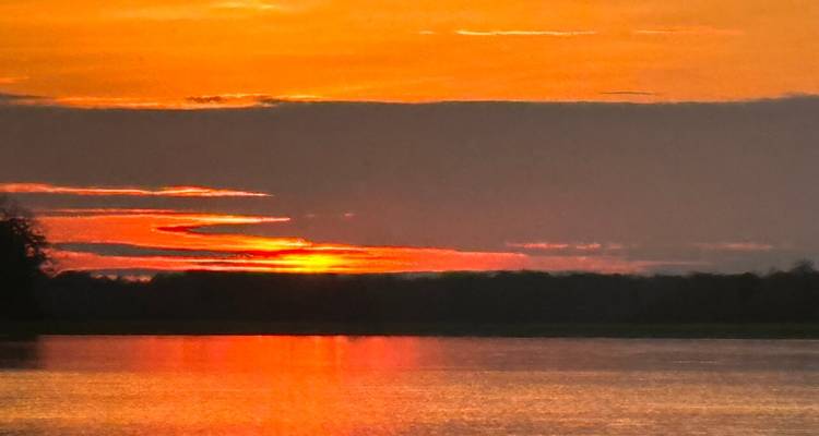 Levendige oranje en rode zonsondergang weerkaatsend op kalme rivierwateren tegen een donkere bomenrij.