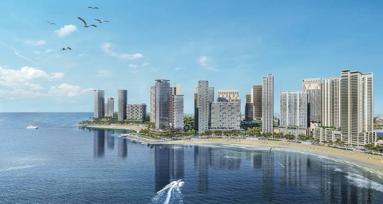 Horizonte renderizado por computadora de rascacielos modernos frente al mar y marina a lo largo de la costa de Karachi