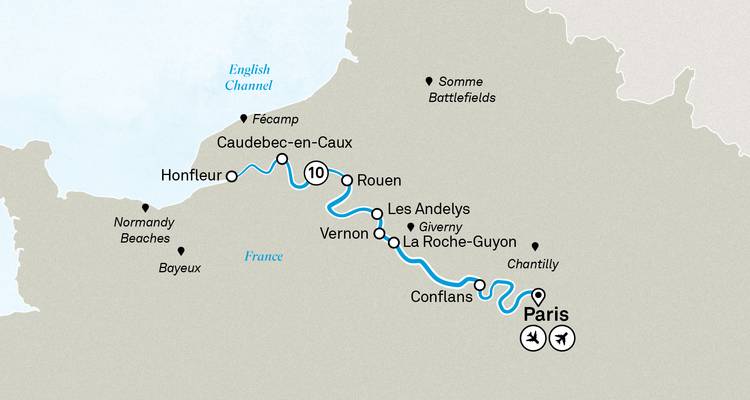 Vereenvoudigde kaart van een Seine-riviercruiseroute met Paris en Normandische steden gemarkeerd.