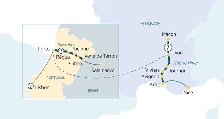 Carte montrant les trajets entre la Vallée du Douro au Portugal et la région du Rhône en France.