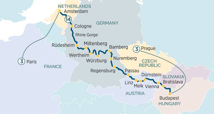 Carte d'itinéraire pour une croisière fluviale européenne de Paris à Amsterdam.