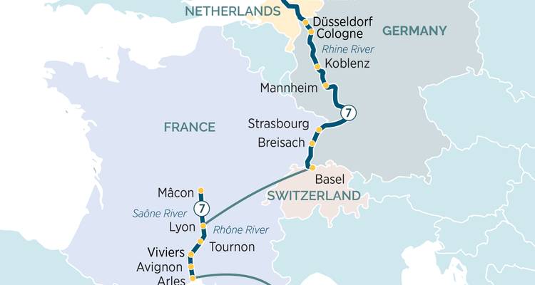 Split Rhine–Rhône cruise map highlighting major stops between Amsterdam and Arles