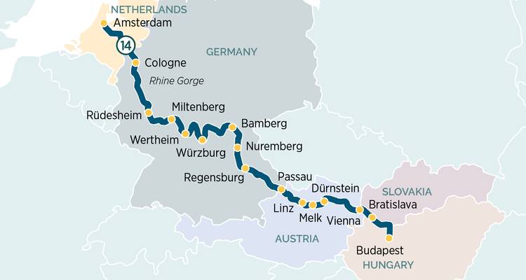 Carte montrant un itinéraire de croisière de 14 jours sur le Danube et le Rhin de Budapest à Amsterdam.