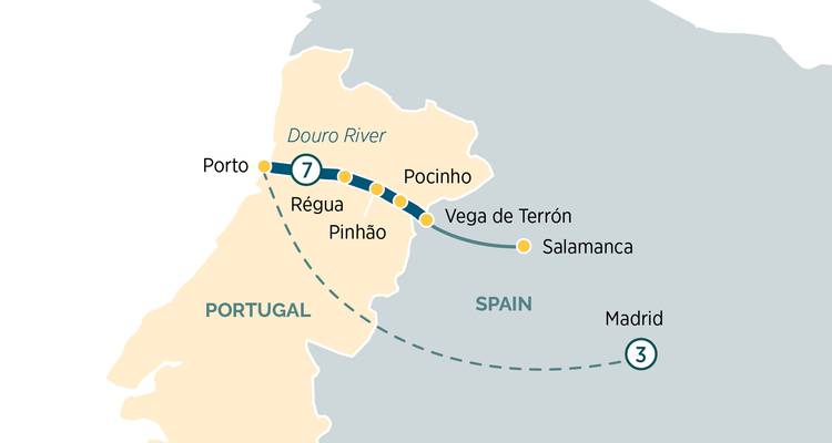 Itinerary map of Portugal and Spain focusing on the Douro River and Madrid extension.